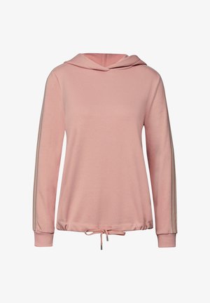 Jasnoróżowa bluza z kapturem wykonana z miękkiego materiału, z przewleczoną sznurówką na dole, długimi rękawami oraz kontrastowymi paskami po bokach.