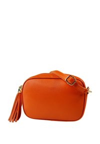 Orange leather crossbody bag with a textured finish, gold hardware, zip closure, and a decorative tassel on one side.