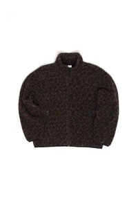 Braun gemusterte Zip-Jacke mit hohem Kragen, die über seitliche Taschen verfügt und aus einem strukturierten Stoff aus weichem, warmem Material besteht.