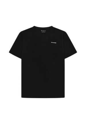 Camiseta negra de manga corta con cuello redondo y pequeño texto blanco "Knowledge" en la parte superior izquierda del pecho.