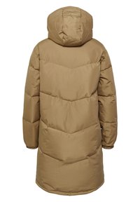 Lang beige polstret vinterjakke med hætte, synlige vandrette og v-formede quiltedetaljer, elastiske manchetter, set bagfra.