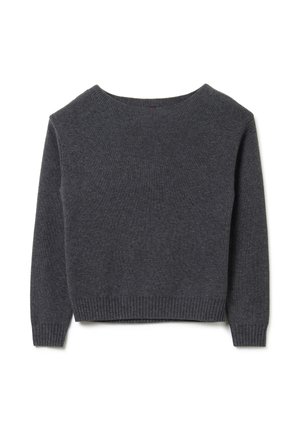 Pull en maille côtelée gris foncé avec des manches longues et un col rond, posé à plat sur un fond blanc.