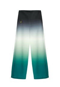 Pantalones de pierna ancha con colores degradados que van del negro al blanco y al teal, con un pequeño logo bordado redondo en la parte superior izquierda.