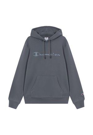 Graue Kapuzenjacke mit einer vorderen Kängurutasche, ausgestattet mit dem gestickten "Champion"-Logo in Hellblau auf der Brust und dem Logo auf dem Ärmel.