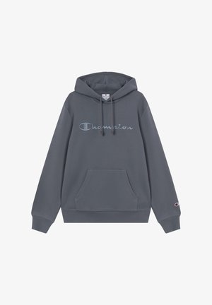 Grijze hoodie met een voorste kangoeroezak, met geborduurd 'Champion' logo in lichtblauw op de borst en een logo op de mouw.