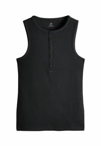 Svart ribbad linne med rund halsringning, prydd med en sexknapplång, ärmlös design och rak fåll.