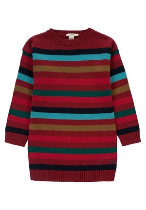 Langærmet strikket sweater med vandrette striber i rød, grøn, blå, brun og sort, med ribbede manchetter og kant.
