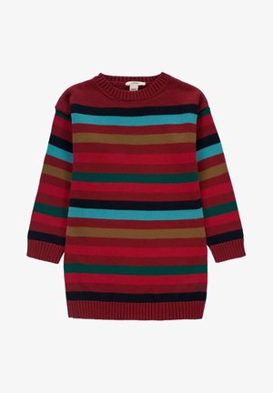 Pull en maille à manches longues avec des rayures horizontales en rouge, vert, bleu, marron et noir, avec des poignets et un ourlet côtelés.