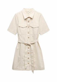 Béžové šaty-košile s krátkými rukávy, s předními knoflíky, náprsními kapsami, límcem a páskem na zavazování v pase.