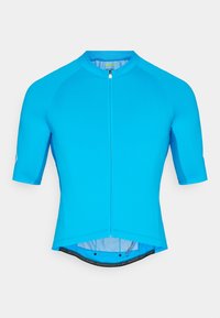 Modrý cyklistický dres s krátkými raglánovými rukávy, hladkou texturou, plným předním zipem a mírně prodlouženým zadním lemem pro lepší krytí.