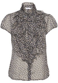 Blusa trasparente a maniche corte con motivo astratto blu navy e beige, davanti arricciato e colletto alto arricciato.