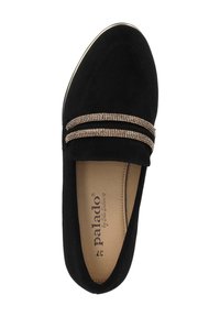 Schwarzer Wildleder-Slipper mit zwei horizontalen Bändern aus kleinen Strasssteinen auf der Vorderseite. Weiche Innenauskleidung mit sichtbarem Branding im Inneren.