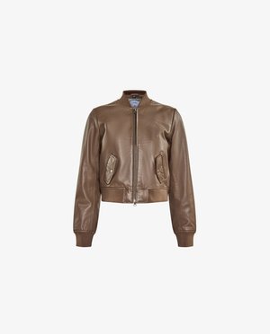 Brown leather bomber jacket with a zip front, ribbed cuffs, and two angled side pockets. Smooth texture and cropped design.