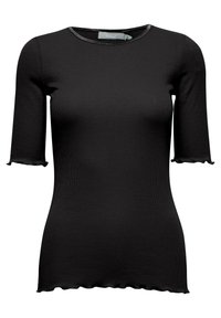 Black ribbed top featuring a round neckline and elbow-length sleeves with scalloped edges. Made from a soft, stretchy fabric.