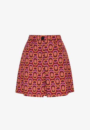 Minigonna decorata con motivi geometrici in tonalità di viola, arancione e bordeaux, con chiusura frontale a bottoni e tasche laterali.
