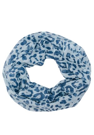 Blue leopard print infinity scarf made of lightweight, sheer fabric, featuring uneven patterns in shades of blue on a light blue background.