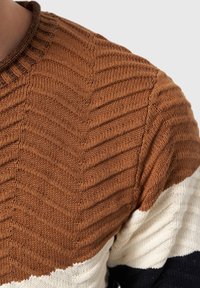 Pull en tricot présentant une texture côtelée avec des blocs de couleur marron, crème et marine ; encolure ronde et détails à motifs sur le tissu.