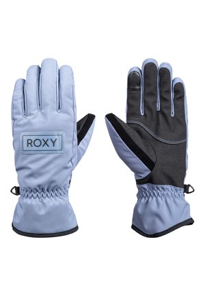 Lichtblauwe geïsoleerde handschoenen met zwarte accenten, voorzien van een verstelbare pols, een logo-label en een textuur voor extra grip op de palm en vingers.