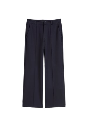 Marineblaue Hosen mit weitem Bein aus glattem Stoff, mit hoher Taille, zwei Seitentaschen und vorderen Bügelfalten für einen maßgeschneiderten Look.
