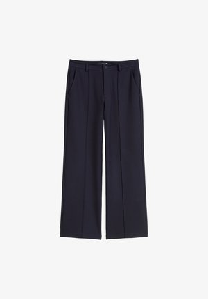 Pantalon large bleu marine en tissu lisse, avec une taille haute, deux poches latérales et des plis devant pour un look ajusté.