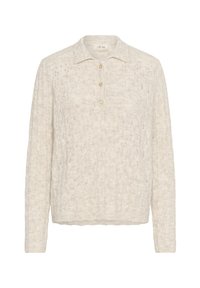 Cremfarbener, gestrickter Pullover mit strukturiertem Zopfmuster, Kragen und drei dekorativen Knöpfen. Weicher, leichter Stoff.