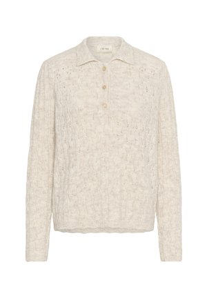 Pull en maille crème avec un motif de câble texturé, un col cranté et trois boutons décoratifs. Tissu doux et léger.