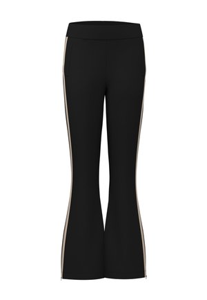 Pantalon noir évasé avec des bandes beiges sur les côtés et une taille haute, présenté sur fond blanc.