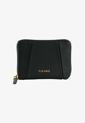 Portefeuille en cuir noir texturé avec fermeture éclair dorée et "PICARD" embossé en lettres dorées au centre avant.