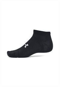 Schwarze Knöchelsocken aus geripptem Stoff, mit einem weißen Logo an der Seite. Das Design ist glatt und hat eine enganliegende, flache Form.