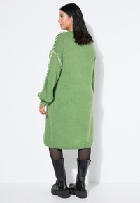 Grünes gestricktes Sweatkleid mit langen Ärmeln und geripptem Saum. Verfügt über dekorative Nähte entlang der Ärmel. Getragen mit schwarzen kniehohen Stiefeln.