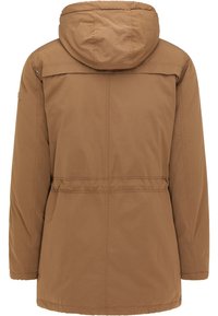 Parka marron à capuche avec taille cintrée, texture lisse et design simple sans ferrures ni motifs visibles.
