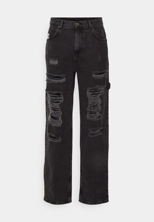 Svarte denim jeans med avslappet passform, flere slitte områder og frynset detaljer; inkluderer standard lommer og knappelukking.