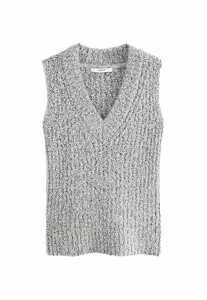 Gilet tricoté sans manches gris clair à col en V profond avec tissu bouclé texturé, posé à plat sur fond blanc.