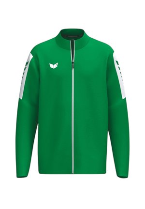 Grüne Jacke mit durchgehendem Reißverschluss, weißen Streifen und Logos auf beiden Ärmeln sowie einem kleinen weißen Emblem auf der linken Brust.