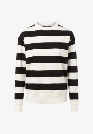 Schwarz-weißer, horizontal gestreifter Langarm-Pullover-Sweatshirt mit gerippten Bündchen, Halsausschnitt und Saum.