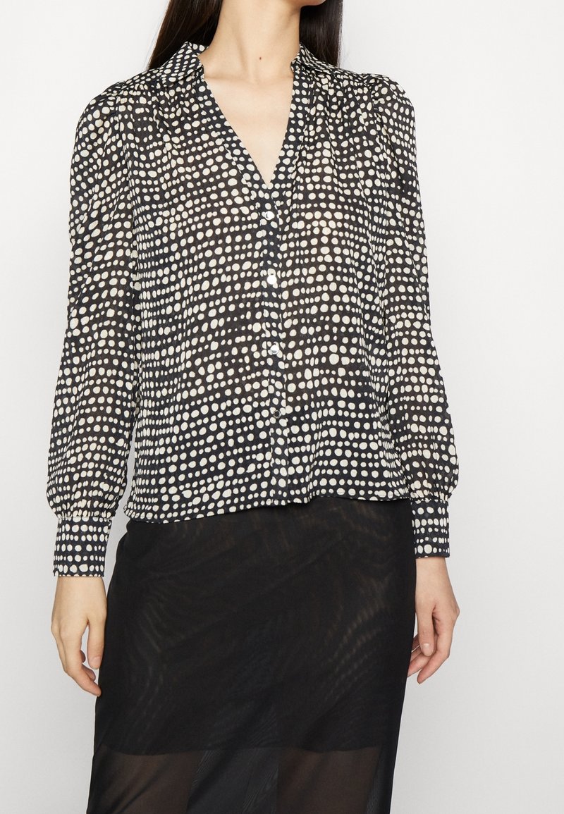 Black and white polka dot blouse with a v-neckline, long sleeves, button closure, and gathered detailing at shoulders. Light, semi-sheer fabric.
