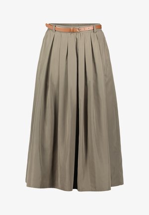 Plisseret lang nederdel i afdæmpet khakifarvet stof med en glat struktur, med et tanfarvet læderbælte og en frontåbning.