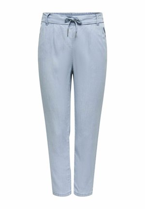 Pantalons tapereds bleu clair en tissu lisse et léger. Dotés d'une taille élastique avec cordon de serrage et de poches latérales.