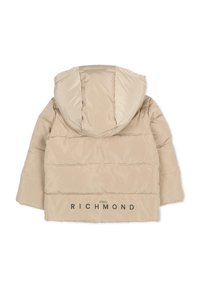 Giacca trapuntata beige con cappuccio, caratterizzata da un design trapuntato e testo nero con scritto "JOHN RICHMOND" sulla schiena. Texture liscia e lucida.