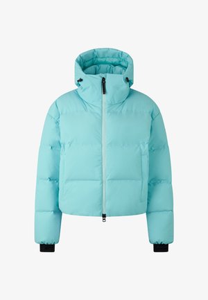 Lichtblauwe korte gewatteerde jas met capuchon, ritssluiting aan de voorkant, zijzakken en zwarte elastische manchetten.