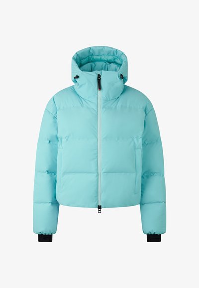 Jasnoniebieska skrócona kurtka puchowa z kapturem, przednim zamkiem błyskawicznym, bocznymi kieszeniami i czarnymi elastycznymi mankietami.
