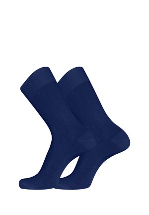 Paire de chaussettes unies bleu foncé, longueur chaussettes normales, présentées côte à côte sur fond blanc.