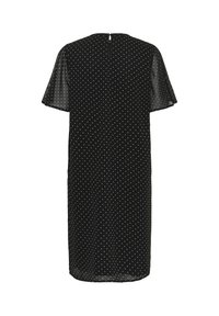 Robe noire longueur genou avec manches courtes volantées et pois blancs, vue de dos avec une petite fermeture à bouton goutte d’eau.
