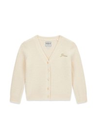 Cardigan color crema con scollo a V, chiusura a bottoni e bordi a coste. Presenta un tessuto morbido e texturizzato e logo dorato ricamato.