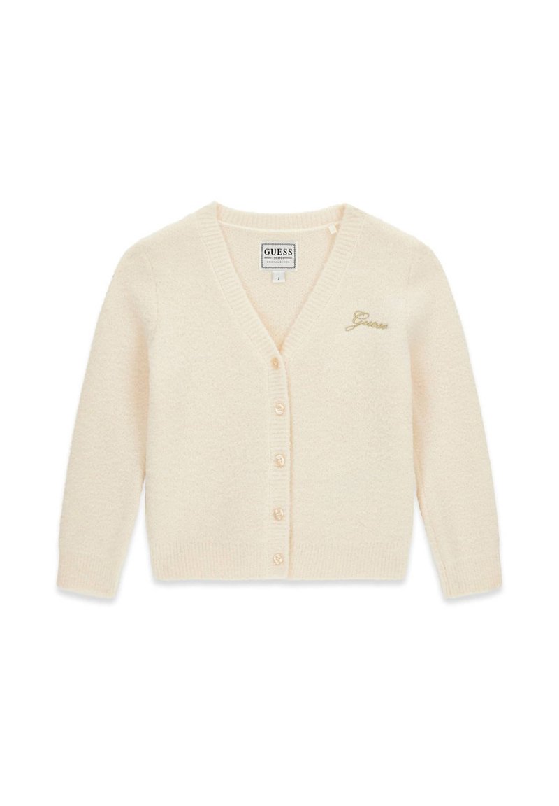 Cardigan color crema con scollo a V, chiusura a bottoni e bordi a coste. Presenta un tessuto morbido e texturizzato e logo dorato ricamato.