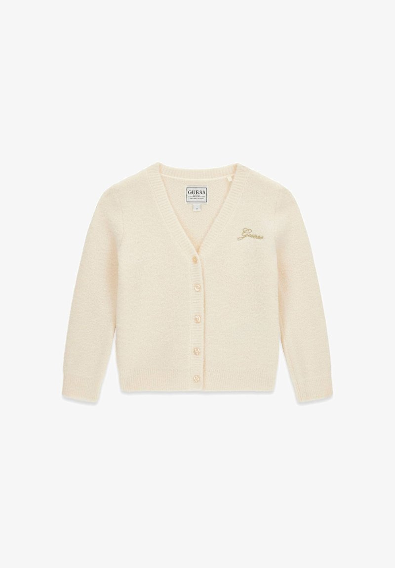 Cardigan color crema con scollo a V, chiusura a bottoni e bordi a coste. Presenta un tessuto morbido e texturizzato e logo dorato ricamato.