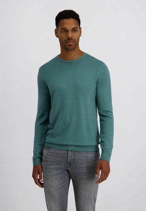 Turquoise long-sleeve knit sweater with a crew neck. Made of soft material, featuring a fitted design and ribbed cuffs and hem.