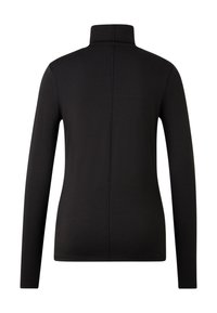 Zwarte langarm turtleneck top met zichtbare naad in het midden van de rug, getailleerde snit en hoge kraag, getoond vanuit de achterkant.