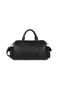 Borsa da viaggio in pelle nera con forma arrotondata, manici superiori e tracolla rimovibile, caratterizzata da cuciture orizzontali e hardware in tonalità oro.