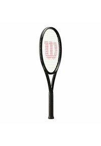 Zwarte tennisracket met een grote ovale kop, witte snaren en een prominente rode "W"-logo. Voorzien van een gestructureerde zwarte griphandgreep.
